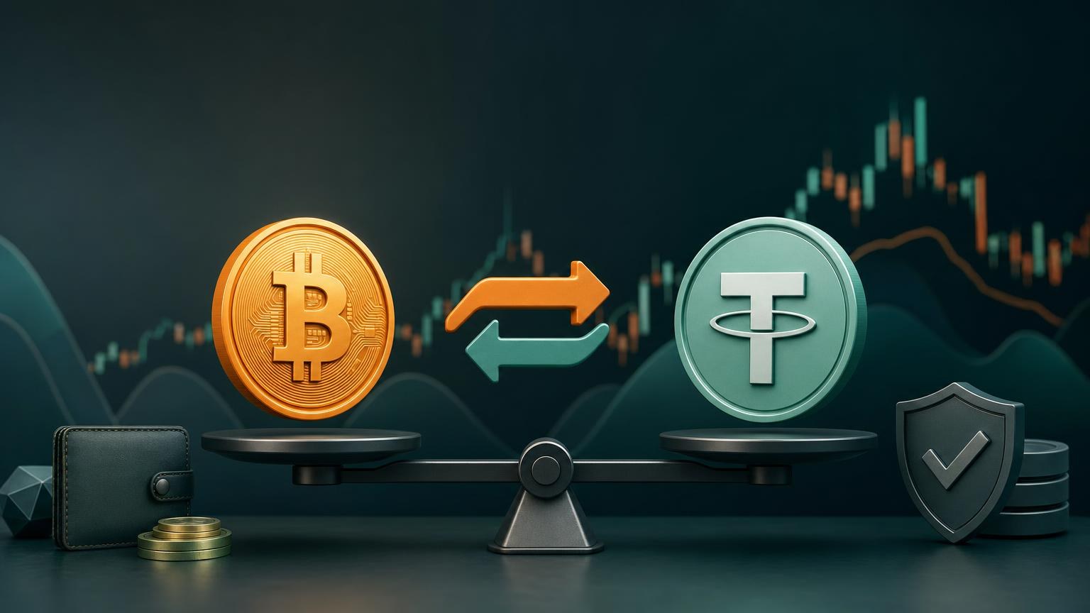 Bitcoin price chart beside a BTC-to-USDT exchange order, with network, transaction, and confirmation details shown for review